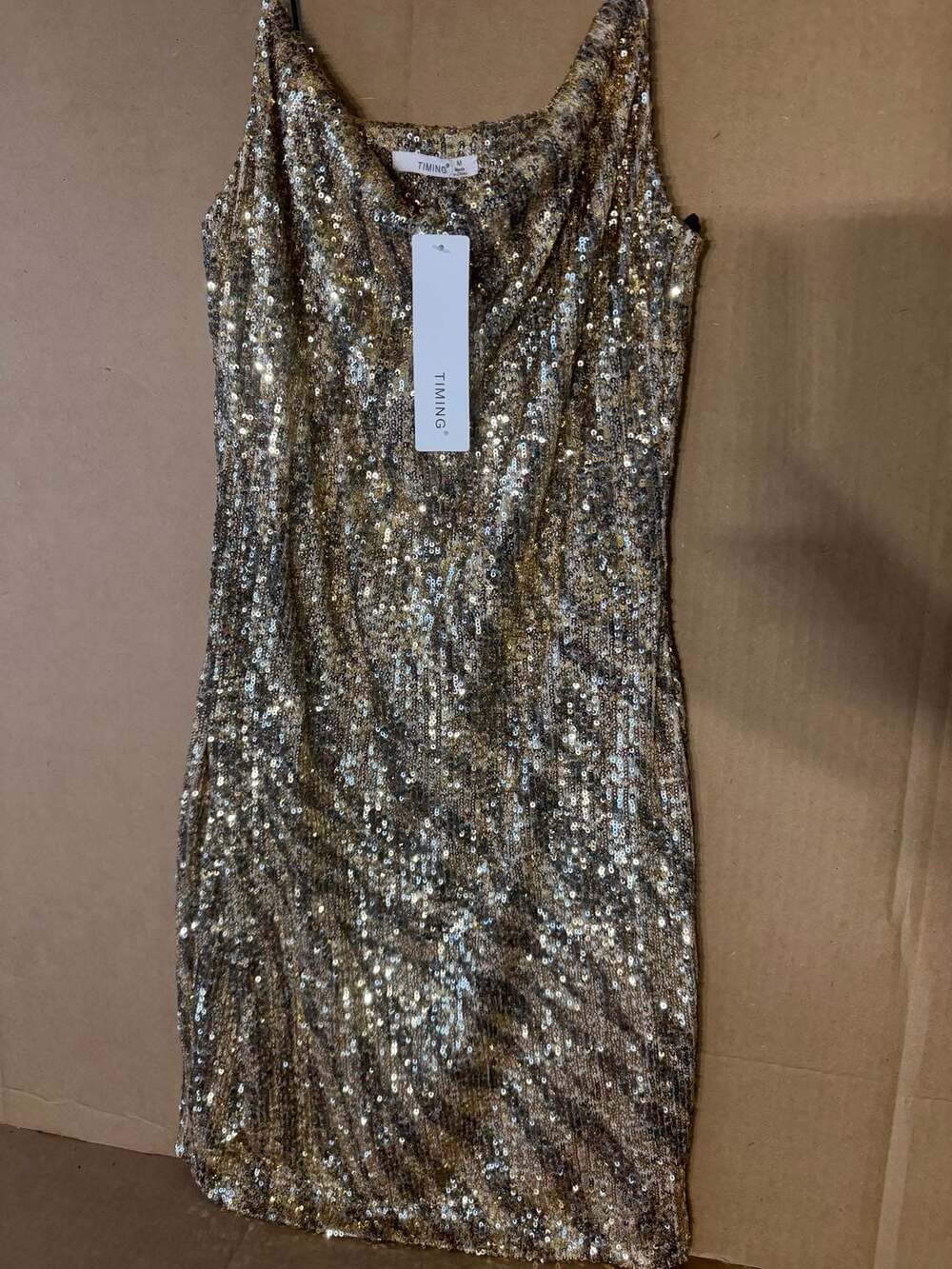 TIMING Gold Sequined Cowl Neck Mini Dress Size M